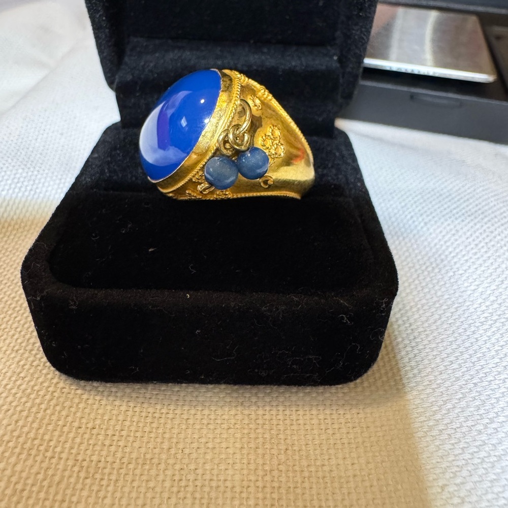 Charming Elegant 18k Solid Gold Ring/Blue Agate S… - image 5